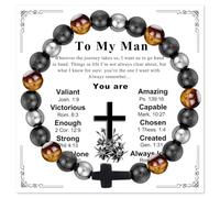 Dei tkeyts Triple Protection Bracelet for Men, Cross Bracelet with Natural Stone, Stretch Cord Tigers Eye Bracelet with Blessing Card, Religious Gifts for Husband, Boyfriend and Son