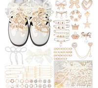 Deinduser Shoe Charms for Sneakers, Junk Socks Charms Kit for Women, Bling Junk Sneaker Charm Set, Gold Shoelace Charm with Pearl Bows and Letters, Metal, No Gemstone