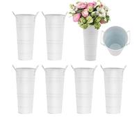 Deinungen Galvanised Metal Flower Pots for Home Decor, 8 Pack 23cm Deep Tall Metal Flower Vase with Handles, Flower Bucket Decorative for Flowers for Living Room Bedroom Garden Wedding (White)