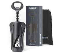 Deiss LUX Wine Opener, All-Metal Wing Corkscrew Wine Bottle Opener with Built-in Beer Bottle Opener - Ergonomic Cork Screw Wine Corker, Black Matte Coating, Velvet Storage Pouch, Perfect Wine Gift
