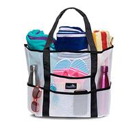 Dejaroo Mesh Beach Bag - Lightweight Tote Bag For Toys & Vacation Essentials, White With Black Handles, Large