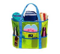 Dejaroo Mesh Beach Bag - Toy Tote Bag - Large Lightweight Market, Grocery & Picnic Tote with Oversized Pockets (Green with Aqua Handles)