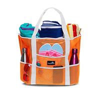 Dejaroo Mesh Sand Free Bag - Strong Lightweight Bag For Beach & Vacation Essentials. Tons of Storage!, Neon Orange With White Handles, L, Mesh