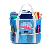 Dejaroo Mesh Sand Free Bag - Strong Lightweight Bag For Beach & Vacation Essentials. Tons of Storage!, Neon Blue With White Handles, L, Mesh