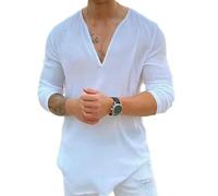 DEJIKOKU Mens T Shirts Summer Men T-Shirt Three-Quarter Sleeves V-Neck Casual Shirt Loose Fit Sweat Absorption Top Streetwear-White-m