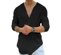 DEJIKOKU Mens T Shirts Summer Men T-Shirt Three-Quarter Sleeves V-Neck Casual Shirt Loose Fit Sweat Absorption Top Streetwear-Black-l