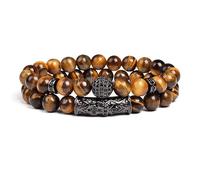 DEJIN 8mm Tiger Eye Stone Beads Bracelet Elastic Natural Stone Yoga Bracelet For Women Men Cubic Zirconia Balls 2pcs Set