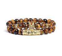 DEJIN 8mm Tiger Eye Stone Beads Bracelet Elastic Natural Stone Yoga Bracelet For Women Men Cubic Zirconia Balls 2pcs Set