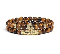 DEJIN 8mm Tiger Eye Stone Beads Bracelet Elastic Natural Stone Yoga Bracelet For Women Men Cubic Zirconia Balls 2pcs Set