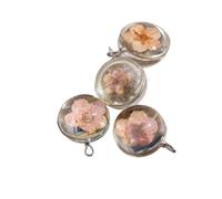 DEJIN Bicolor Dome Glass Beads With Real Dried Flowers Peach Blossom & Four-Leaf Clover Charms
