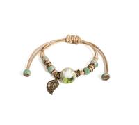DEJIN Crackle Glaze Lotus Ceramic Bracelet With Green Beads Handmade Adjustable Braided Cord Vintage Alloy Leaf Charm Jewelry