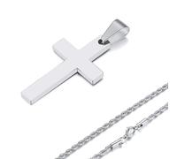 DEJIN Cross Necklaces For Men Male Gifts,Stainless Steel Plain Cross Pendant With Rope Chain,silver-001,50cm