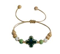 DEJIN Handmade Ceramic Four Leaf Clover Bracelet Vintage Lucky Charm Adjustable Brown Wax Rope Boho Jewelry Gift For Women Men