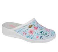 Dek Womens Coated Leather Clog Sandals With Wedge Heel/Leather Insole White/Baby Blue/Floral Print 3 UK