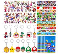 Dekewe 38PCS Marrio Birthday Party Favors Set - 12 Slap Bands, 12 Keyrings, 4 Tattoo Stickers, 10 Bags for Kids