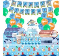 Dekewe 86 PCS Blue Dog Birthday Decorations, Party Supplies, Kids Party Tableware Set with Plates Cups Napkins Birthday Banner Cake Topper Tablecloth Balloons