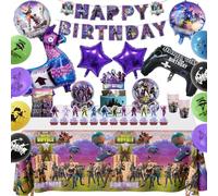 Dekewe 92Pcs Birthday Decorations, Video Game Party Decorations Party Supplies Plates Cups Napkins Tablecloth Foil Balloons, Kids Tableware Set for 10 Guests