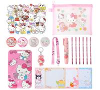 Dekewe Kity Stationery Set, Cute School Supplies with Stickers Pencils Badge Pen-Style Eraser Sticky Note Keychain and Lanyard with ID Badge, Kawaii Stationery Back to School Gift for Boys Girls