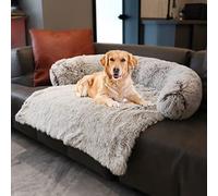Dekeyoo Pet Couch Protector, Waterproof Calming Dog Bed Plush Dog Mat Dog Sofa, Pet Furniture Cover with Soft Neck Bolster, Machine Washable Gradient Brown Medium