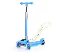 Dekko 3 Wheels Foldable Kids Scooter, Big Wheels Kick Scooter with Flashing LED Lights, Music Player for Boys Girls, Lean to Steer, 3 Levels Height Adjustable Scooter, 3-8 Years Old, Blue