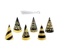 DEKKRYNFV 2026 New Year Celebration Hats 6Pcs Black Gold Cone With Comfortable Elastic Bands Happy New Year Party