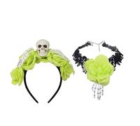 DEKKRYNFV Friendly Skull Headband With Necklace Choker Simulated Flowers Costume Accessories For Halloween Party Headwear Gothic Skeleton Hair Accessory