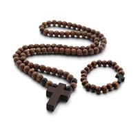 DEKKRYNFV Wood Bead Religious Catholic Crucifix Pendant Necklace Set First Communion Inspirational for for Pra Wooden Bead Necklaces for Men