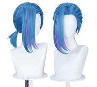 Deklopoa Anime Game Jinx Cosplay Wig, Short Blue with Purple Highlights, Synthetic Hair, Curly, 21-24 inches, Wig