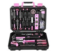 DEKO 100 Piece Pink Tool Kit Complete Home Tool Set with Claw Hammer, Adjustable Wrench, Combination Pliers, Screwdriver Set, Tape Measure - Basic Household Repair Toolbox for DIY Projects