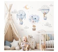 DEKO KINDERZIMMER Safari Animals Hot Air Balloon Wall Sticker, Glitter, Blue, Vinyl, Self-Adhesive, Water Resistant, Indoor, Whimsical, Stars, Clouds, Lion, Glass, Plastic, Wall