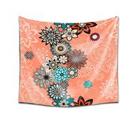 DekoArte TP35 - Modern Wall Tapestry Digitized Art Print | 100% Polyester Fabric Decoration for Your Living Room or Bedroom | Mandala Style Flowers Background Coral | 150 x 130 cm