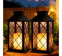 Dekofun 2 Pack Solar Lanterns for Outside, Waterproof Hanging Solar Lights with Flickering Candle, Auto On/Off Outdoor Garden Lanterns for Table Tree Grave Patio Pathway Balcony Ornaments (Black)