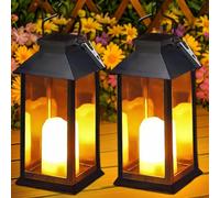 Dekofun 2 Pack Solar Lanterns for Outside, Waterproof Hanging Solar Lights with Flickering Candle, Auto On/Off Outdoor Garden Lanterns for Table Tree Grave Patio Pathway Balcony Ornaments (Black)