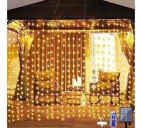 Dekofun Solar Curtain Lights 3m x 3m 300 LED Curtain Fairy Lights with Remote, 8 Modes Waterproof Outdoor Garden Solar Waterfall Fairy Light for Pergola Gazebo Wedding Party Decorations - Warm White