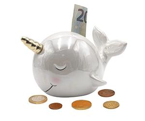 Dekohelden24 Ceramic Whale Money Box Pearl Effect White Unicorn Whale Money Box 17 x 13 x 11 cm
