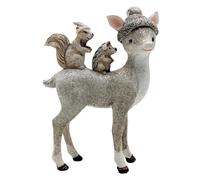 Dekohelden24 Deer decoration, decorative reindeer, decorative deer with hat, deer figure, reindeer figure, deer with hat and sitting on it hedgehog and squirrel made of ceramic in white glitter; L/W/H