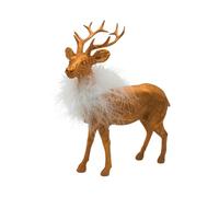 Dekohelden24 Deer Decoration, Stag Sculpture, Stag Figurine, Ceramic Stag with White Feather Boa in Gold, Size L/W x H approx. 16 x 8 x 21 cm
