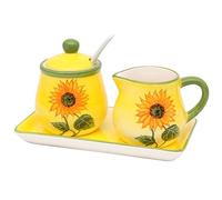 Dekohelden24 Dolomite Sugar Bowl with Spoon, Milk jug and Plate, Set of 3, Motif: Sunflower in Yellow/Green, Size Approx. 19 x 10.5 cm, 10