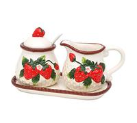 Dekohelden24 Dolomite Sugar Bowl with Spoon, Milk jug and Plate, Set of 3, with Strawberry Relief, Size Approx. 19 x 10.5 cm, 12 (EU)