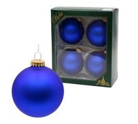 Dekohelden24 Lauschaer Christmas Tree Decorations - Blue Christmas Tree Baubles, Set of 4 Baubles Lauscha Plain Matt Satin Royal Blue, 8 cm, with Golden Crown + 50 Quick Hangers in Gold