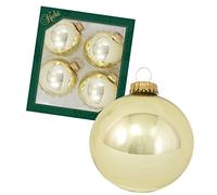 Dekohelden24 Lauschaer Christmas Tree Decorations - Gold Coloured Christmas Tree Baubles, Set of 4 Baubles Lauscha Plain Shiny Satin Gold, 8 cm, with Golden Crown + 50 Quick Hangers