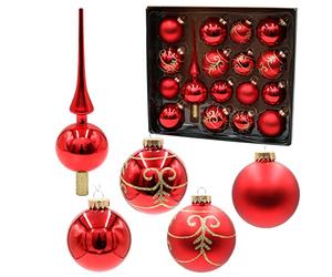 Dekohelden24 Lauschaer Christmas Tree Decorations - Set of 16 Baubles Including 1 Glass Tree Topper, Hand-Decorated, Red Matt and Glossy, 6.7 and 8 cm, with Golden Crown