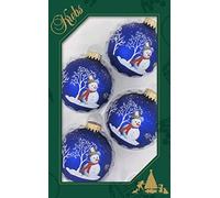 Dekohelden24 Lauschaer Christmas Tree Decorations Set of 4 Baubles in Blue with Snowman, 7 cm, with Golden Crown