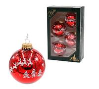 Dekohelden24 Lauschaer CBK00061 Christmas Tree Baubles - Set of 4 Red Glass Ornaments with Glitter, Reindeer Sleigh Design, Approx. 7cm Diameter