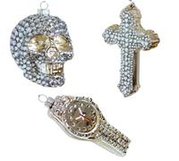 Dekohelden24 Lauschaer Lauscha Christmas Tree Decorations Set of 3 Glass Jewels Cross Skull and Clock Christmas Tree Baubles Glass Ornaments from Lauscha 8 to 13 cm