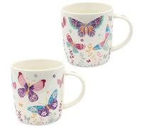 Dekohelden24 Set of 2 Porcelain Coffee Mugs with Colourful Butterflies Design Height 9 x Diameter 8 cm Capacity 270 ml Dishwasher Safe Pink/Multicoloured