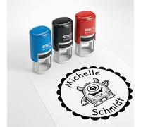 Dekolando Children's Name Stamp with Personalised Motif - 24 mm - Name Stamp for School & Primary School - Gift First Day of School - Children's Stamp with Name & Text (Monster)