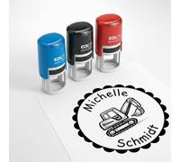 Dekolando Children's Name Stamp with Personalised Motif - 24 mm - Name Stamp for School & Primary School - Gift First Day of School - Children's Stamp with Name & Text (Excavator)