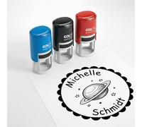 Dekolando Children's Name Stamp with Personalised Motif - 24 mm - Name Stamp for School & Primary School - Gift First Day of School - Children's Stamp with Name & Text (Planet)