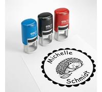 Dekolando Children's Name Stamp with Personalised Motif - 24 mm - Name Stamp for School & Primary School - Gift First Day of School - Children's Stamp with Name & Text (Hedgehog)